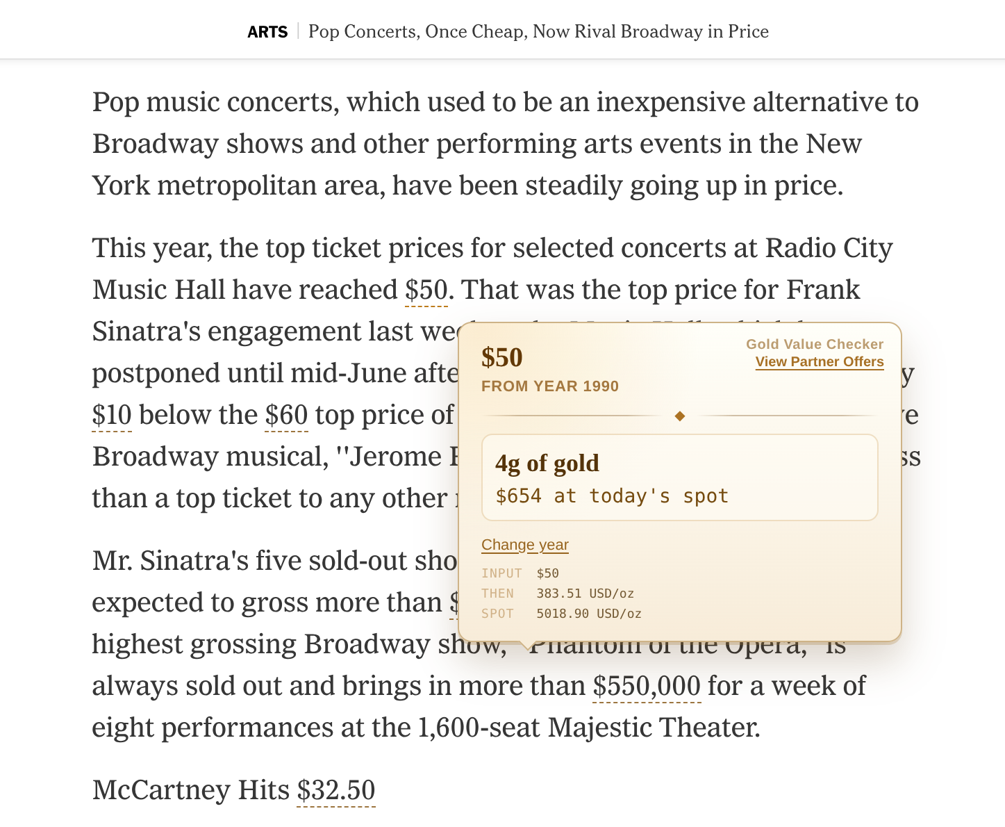 1990 concert ticket price converted in the extension tooltip